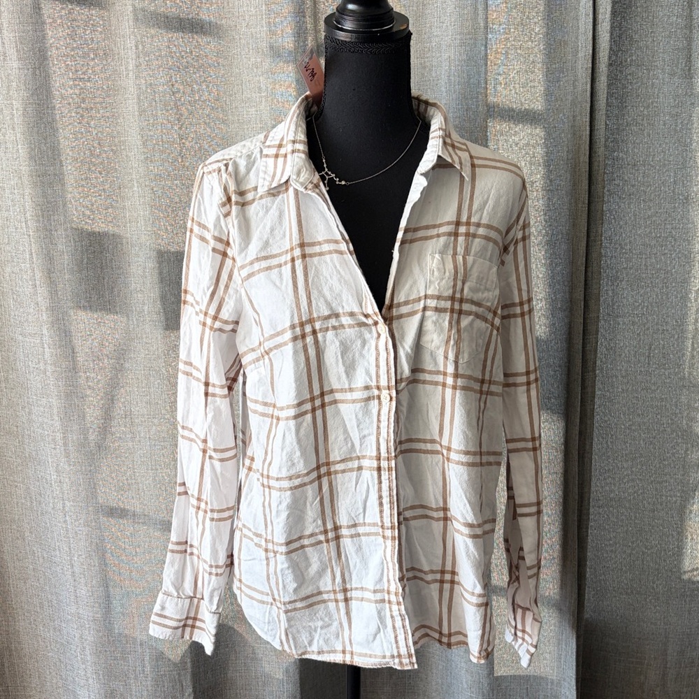 J. Crew White and Brown Plaid Button-Down Shirt